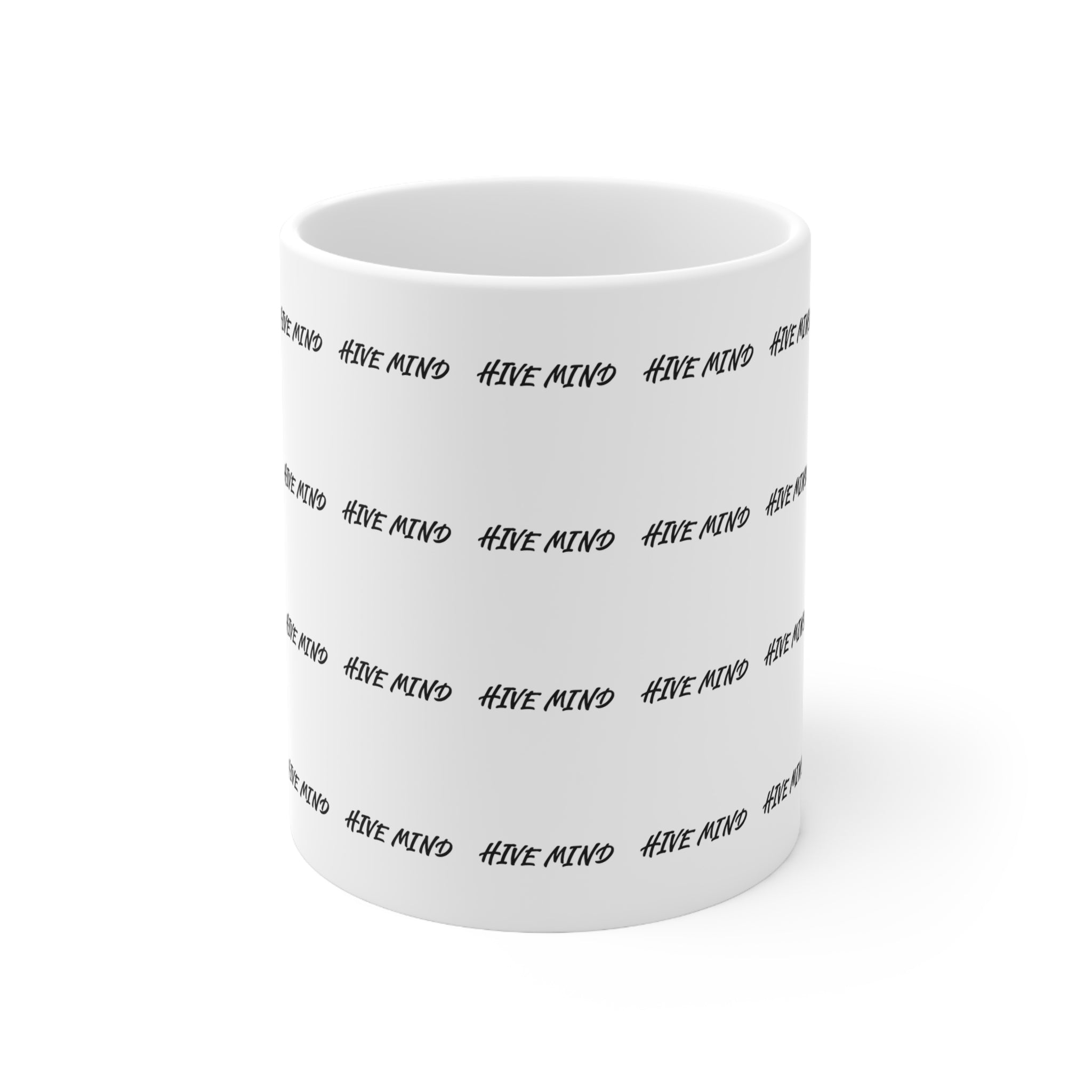 Ceramic Mug — Repeat “HIVE MIND” Pattern Coffee Cup (11oz & 15oz)
