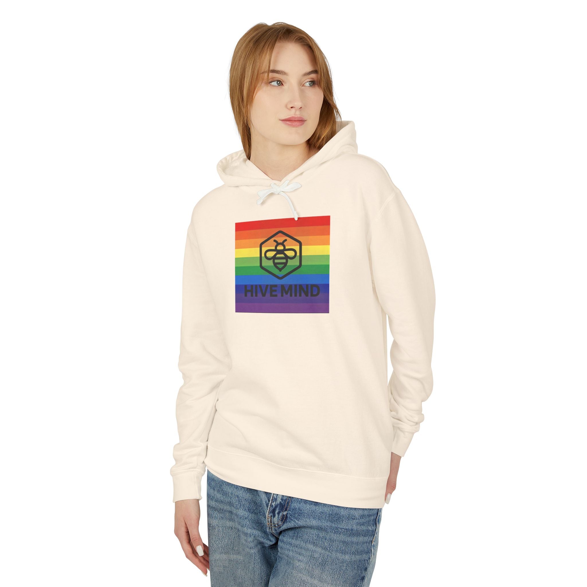 Hive Mind Rainbow Hoodie — LGBTQ+ Pride Bee Logo Lightweight Sweatshirt