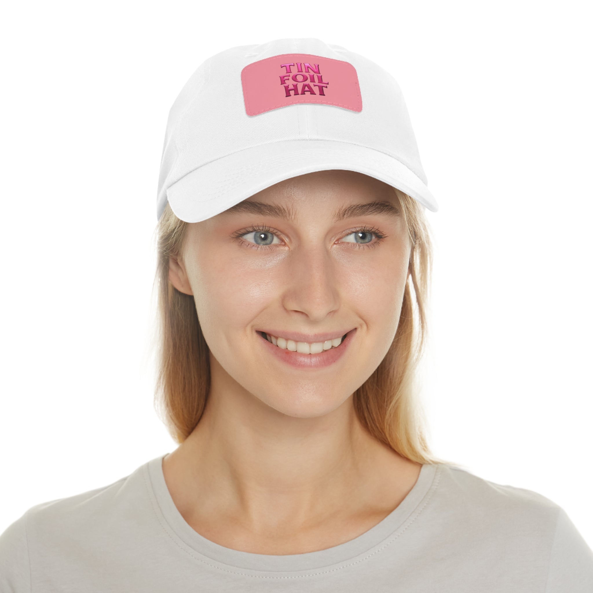 Dad Hat — Pink Leather Patch “TIN FOIL HAT” Embroidered Cap