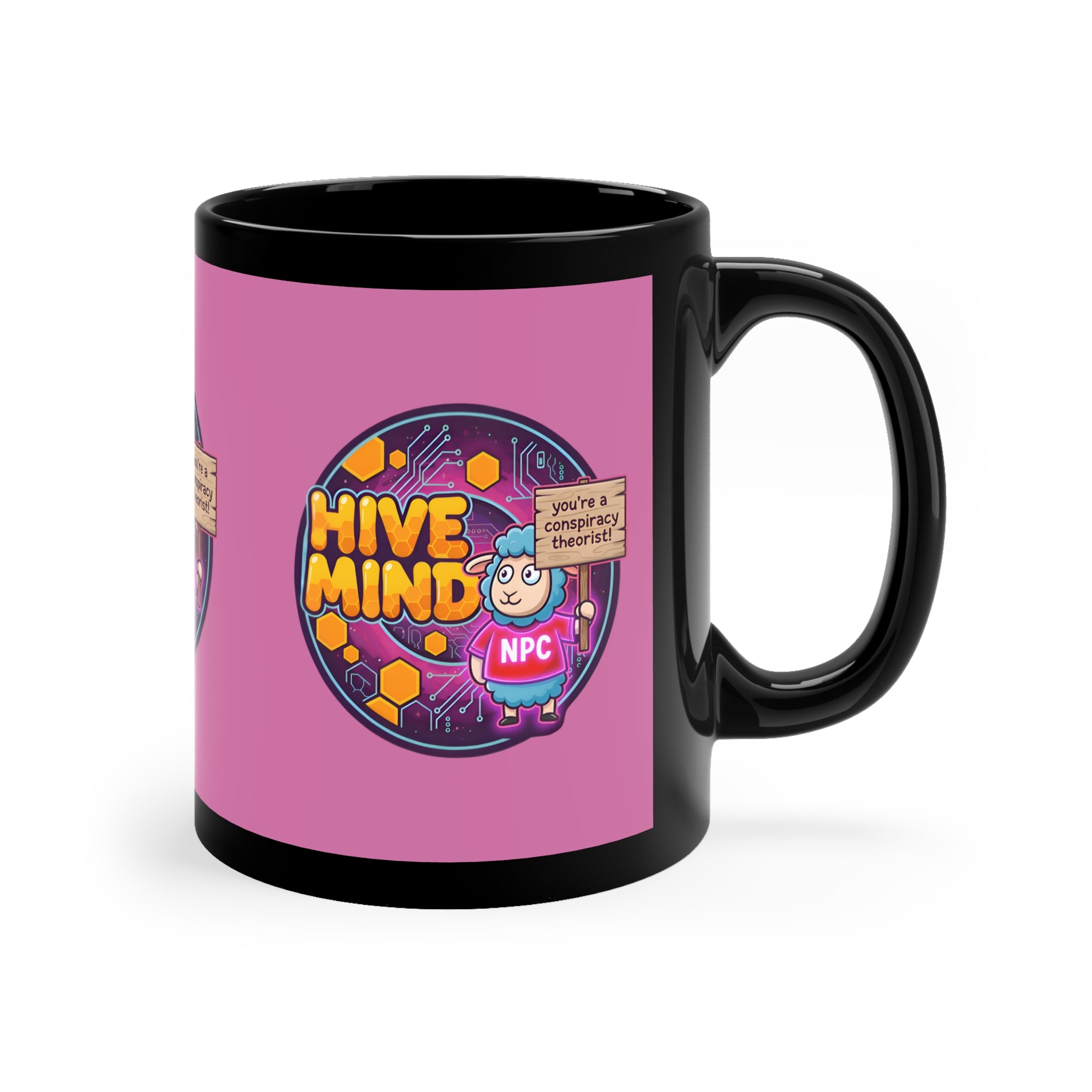 Hive Mind Coffee Mug — NPC Cartoon Design (11oz Black Ceramic)