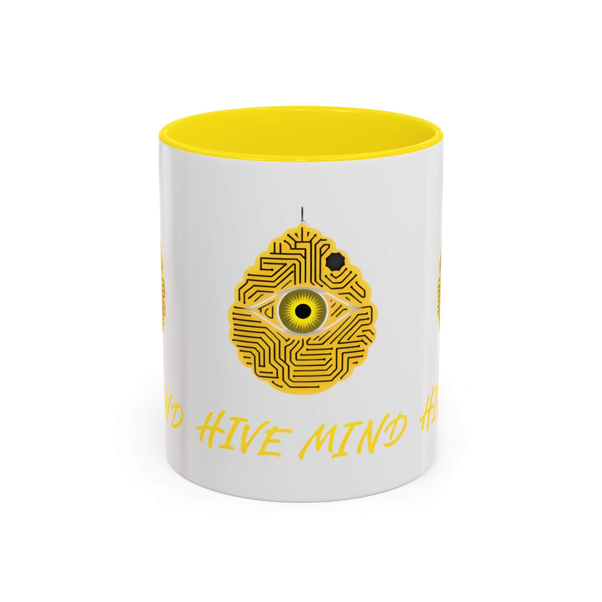 Hive Mind Coffee Mug — Yellow Circuit Bee Eye Accent Mug (11/15oz)