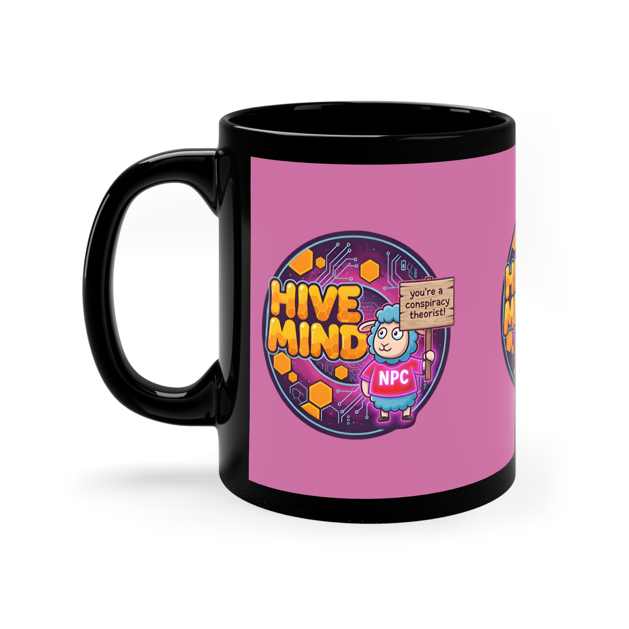 Hive Mind Coffee Mug — NPC Cartoon Design (11oz Black Ceramic)