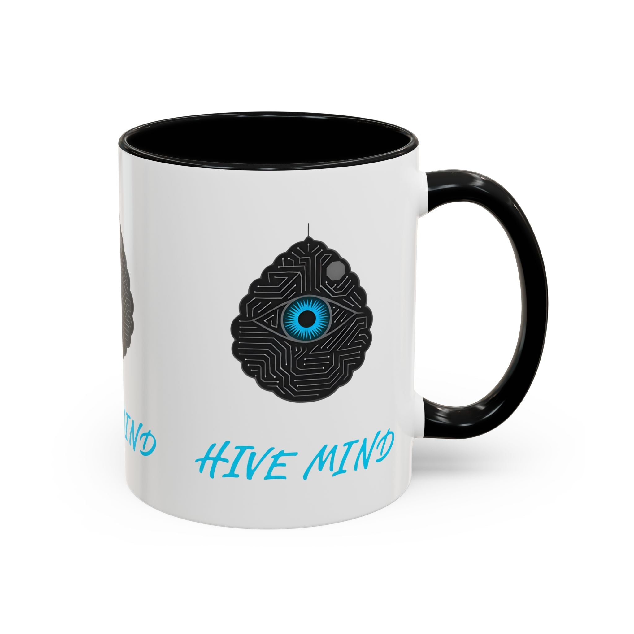 Hive Mind Coffee Mug — Black Accent Ceramic Mug with Tech Eye Design (11/15oz)