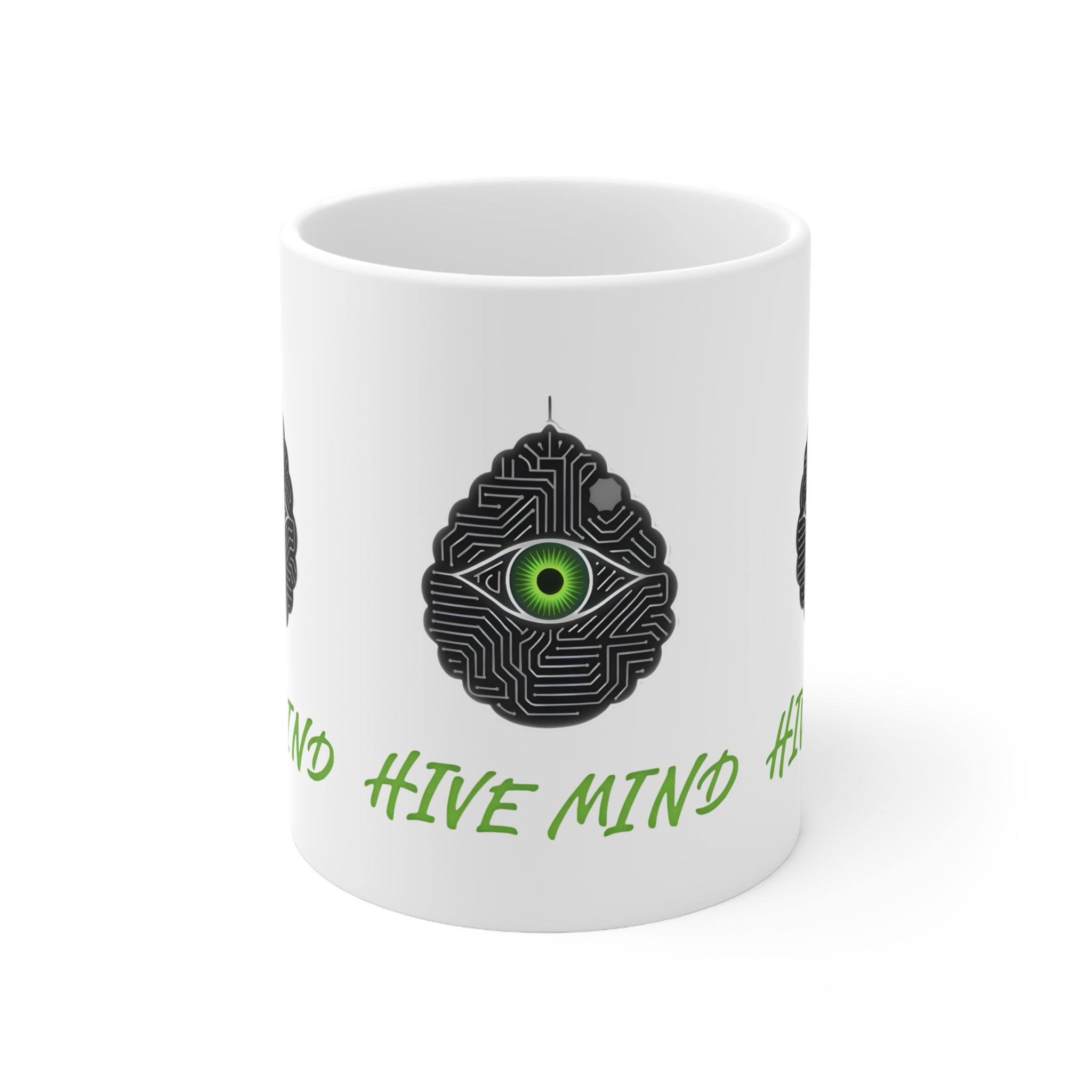 Mind Hive Ceramic Coffee Mug — Green Eye Brain Tech Design (11oz, 15oz)