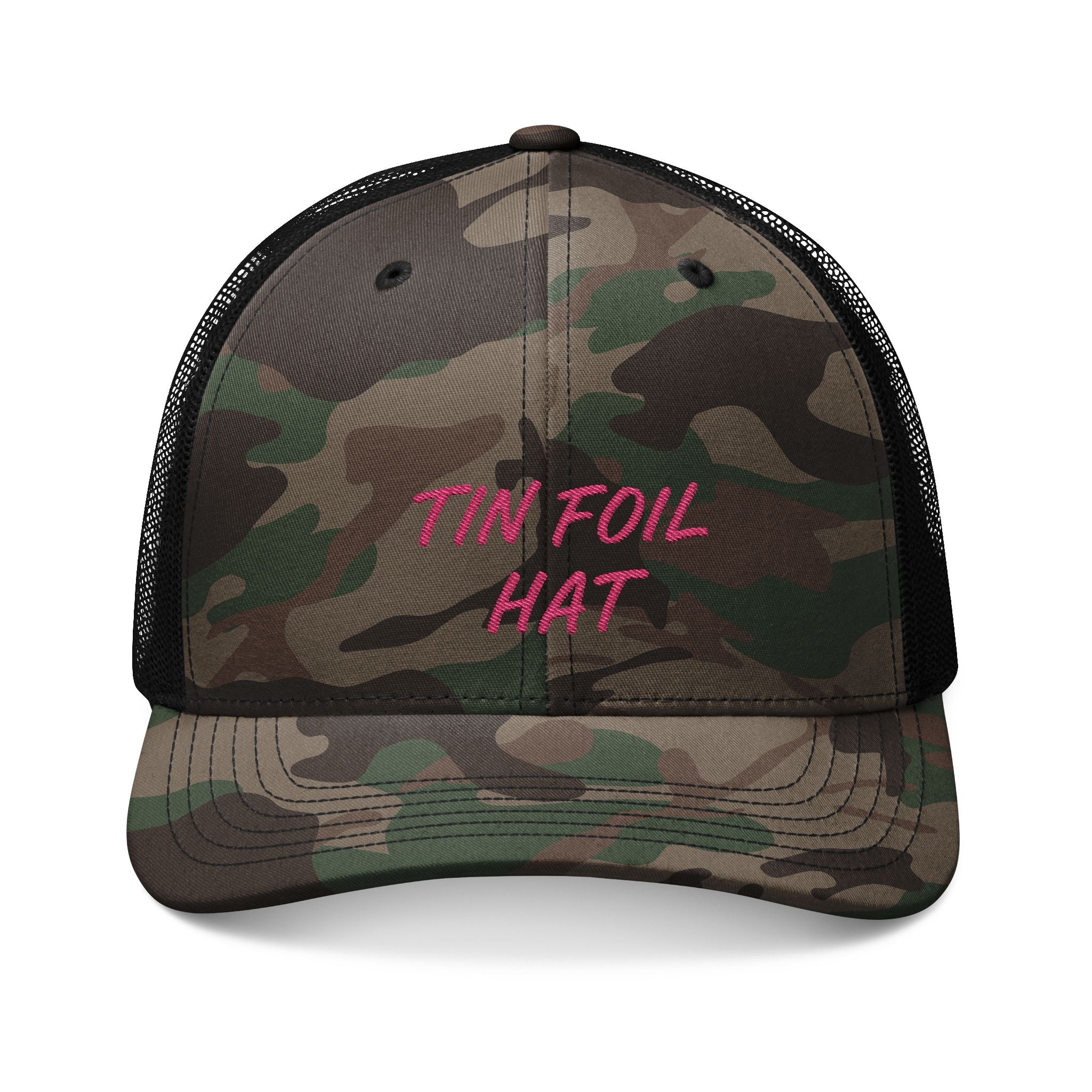 Camo Trucker Hat — Pink "Tin Foil Hat" Embroidered Cap