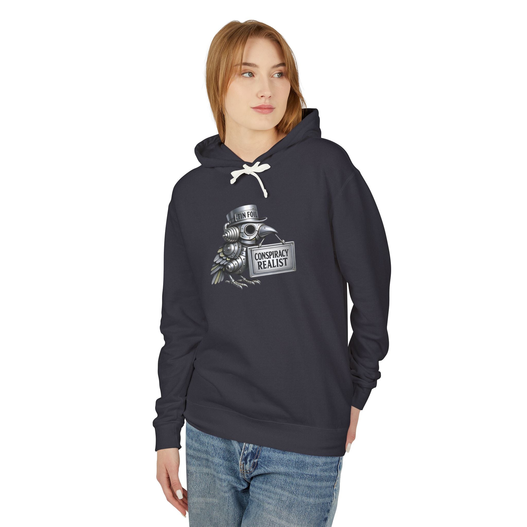 Conspiracy Realist Hoodie – Vintage Crow with Sign Graphic