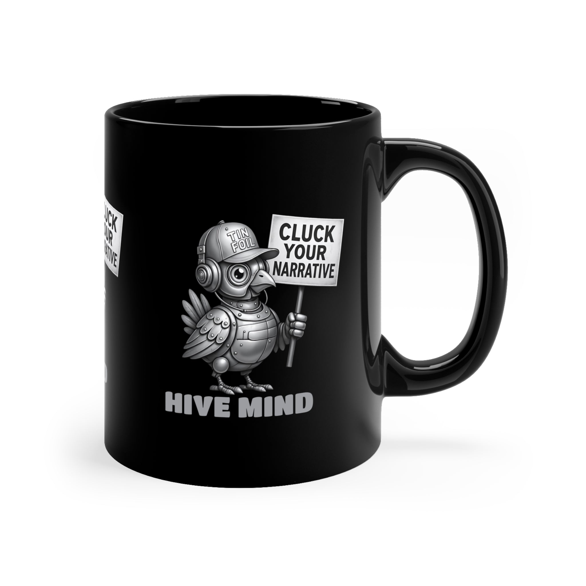 Hive Mind Coffee Mug — Black 11oz “Cluck Your Narrative” Novelty Ceramic Mug