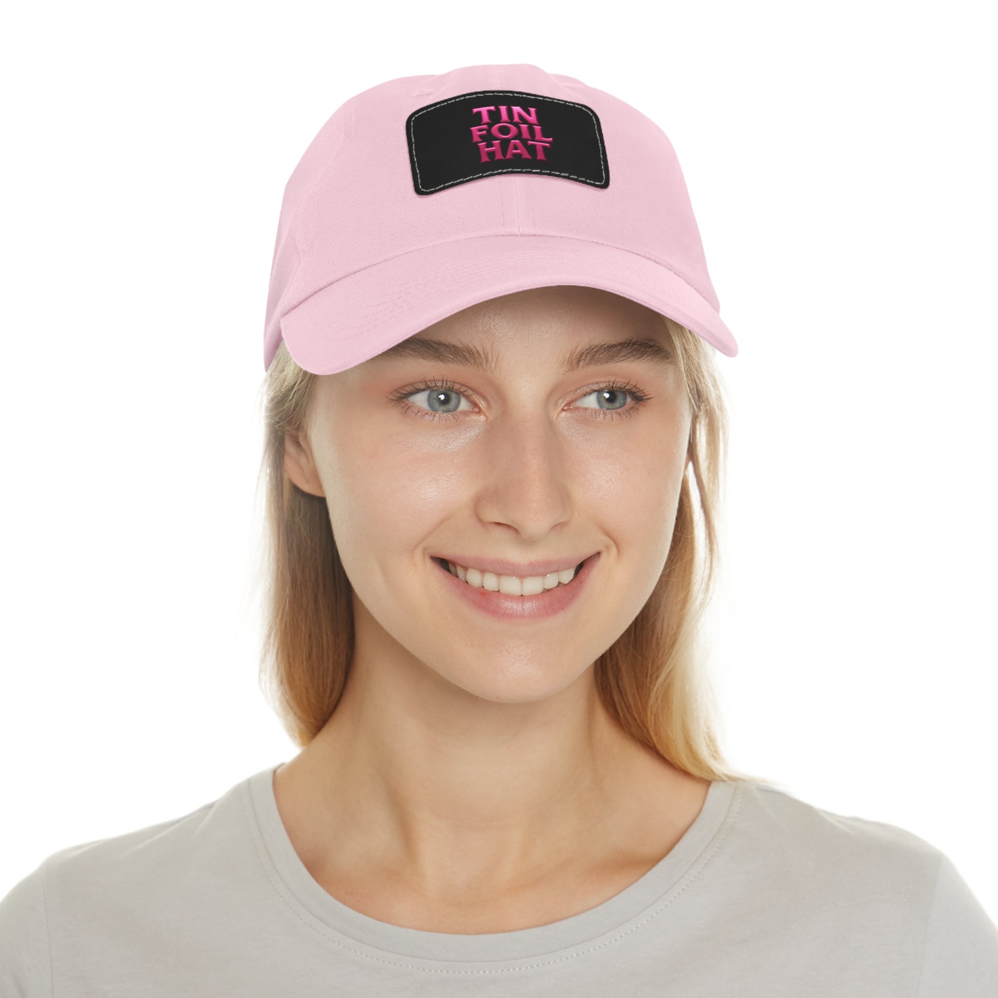Dad Hat — Pink Leather Patch “TIN FOIL HAT” Embroidered Cap