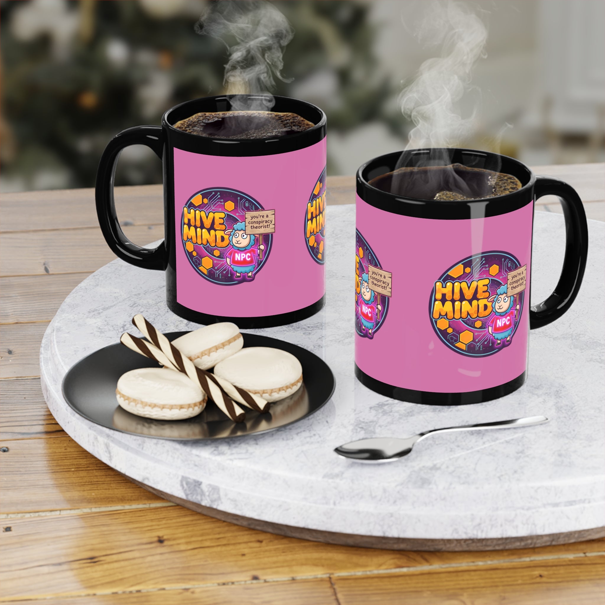 Hive Mind Coffee Mug — NPC Cartoon Design (11oz Black Ceramic)