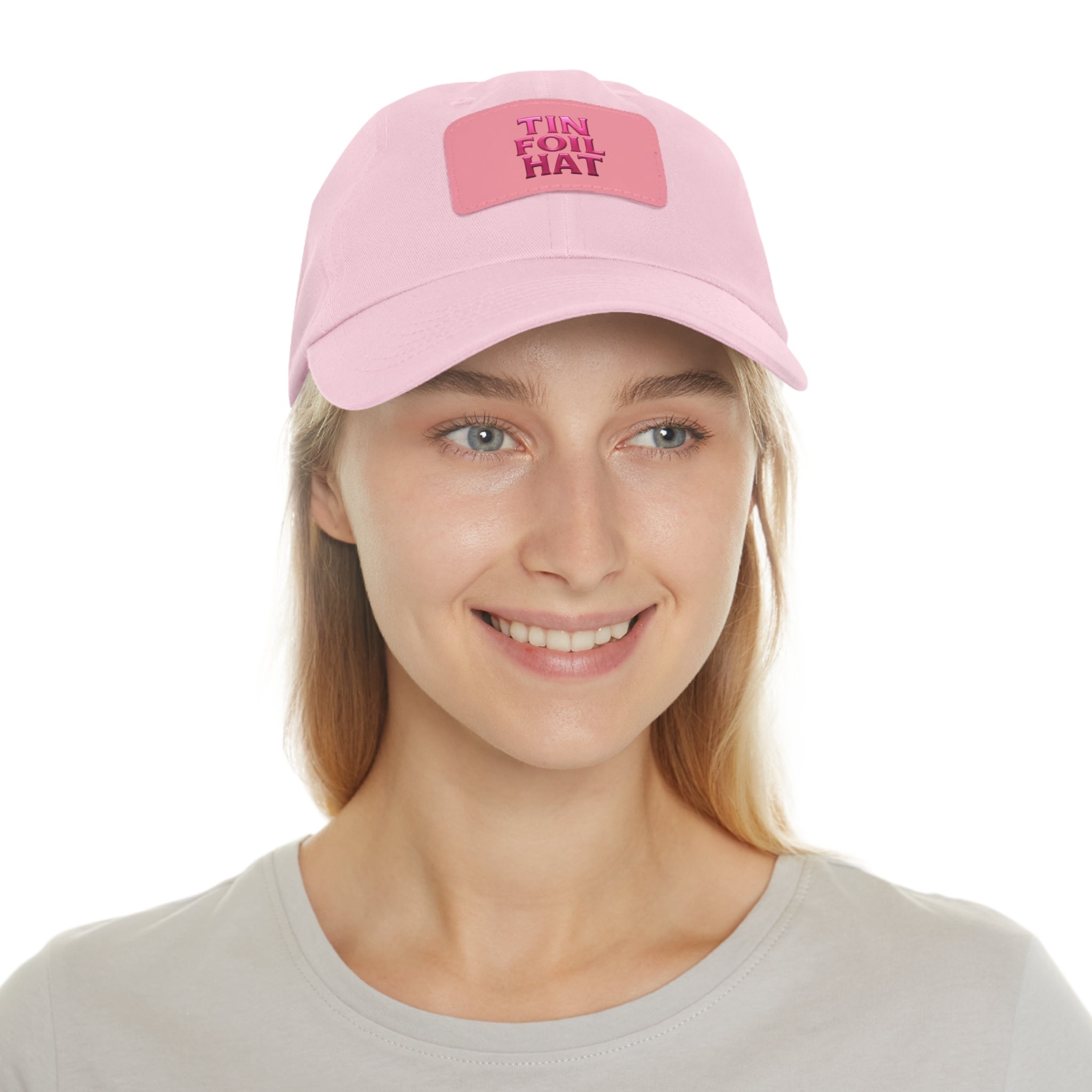 Dad Hat — Pink Leather Patch “TIN FOIL HAT” Embroidered Cap