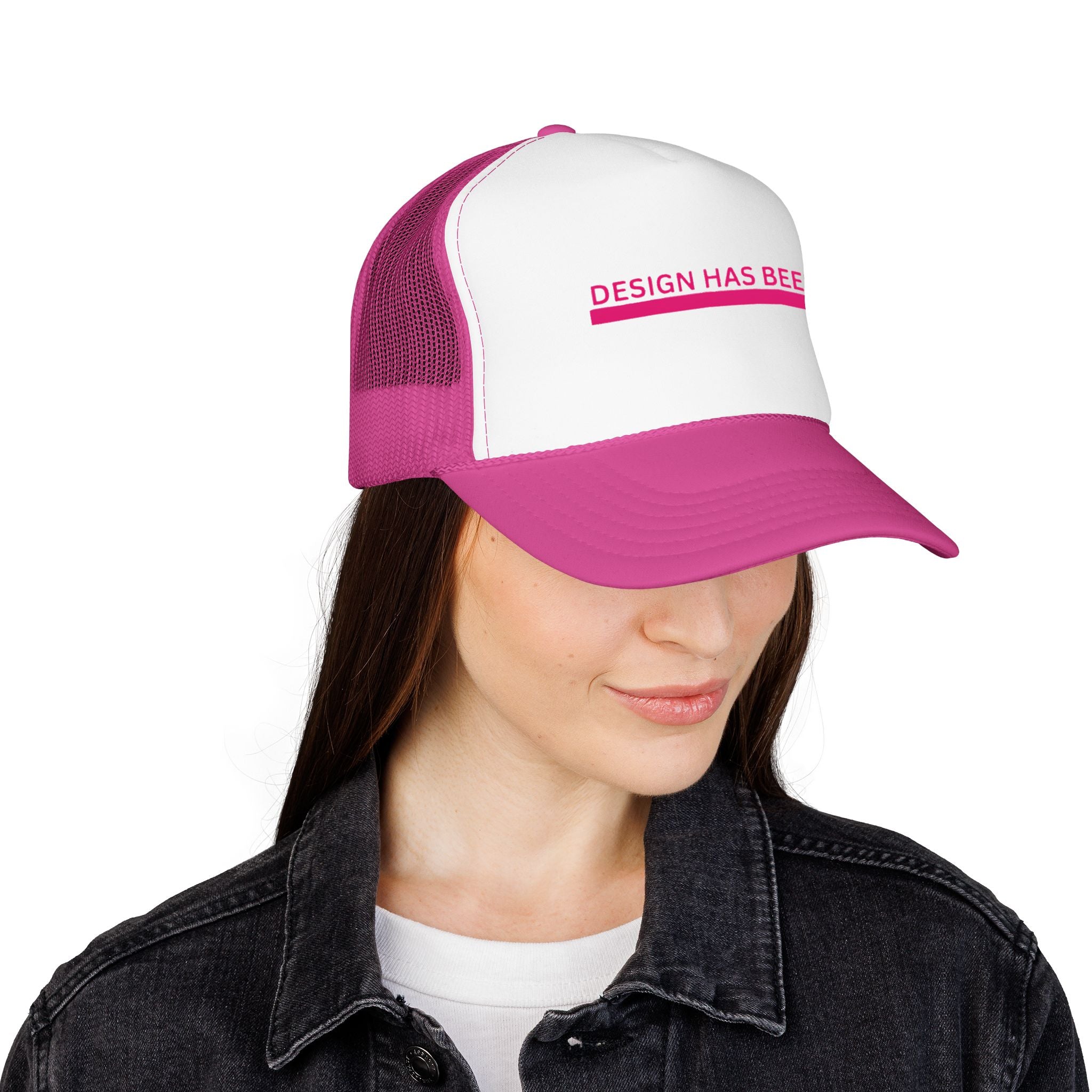 Design Has Been Foam Trucker Hat — Pink Mesh Graphic Cap