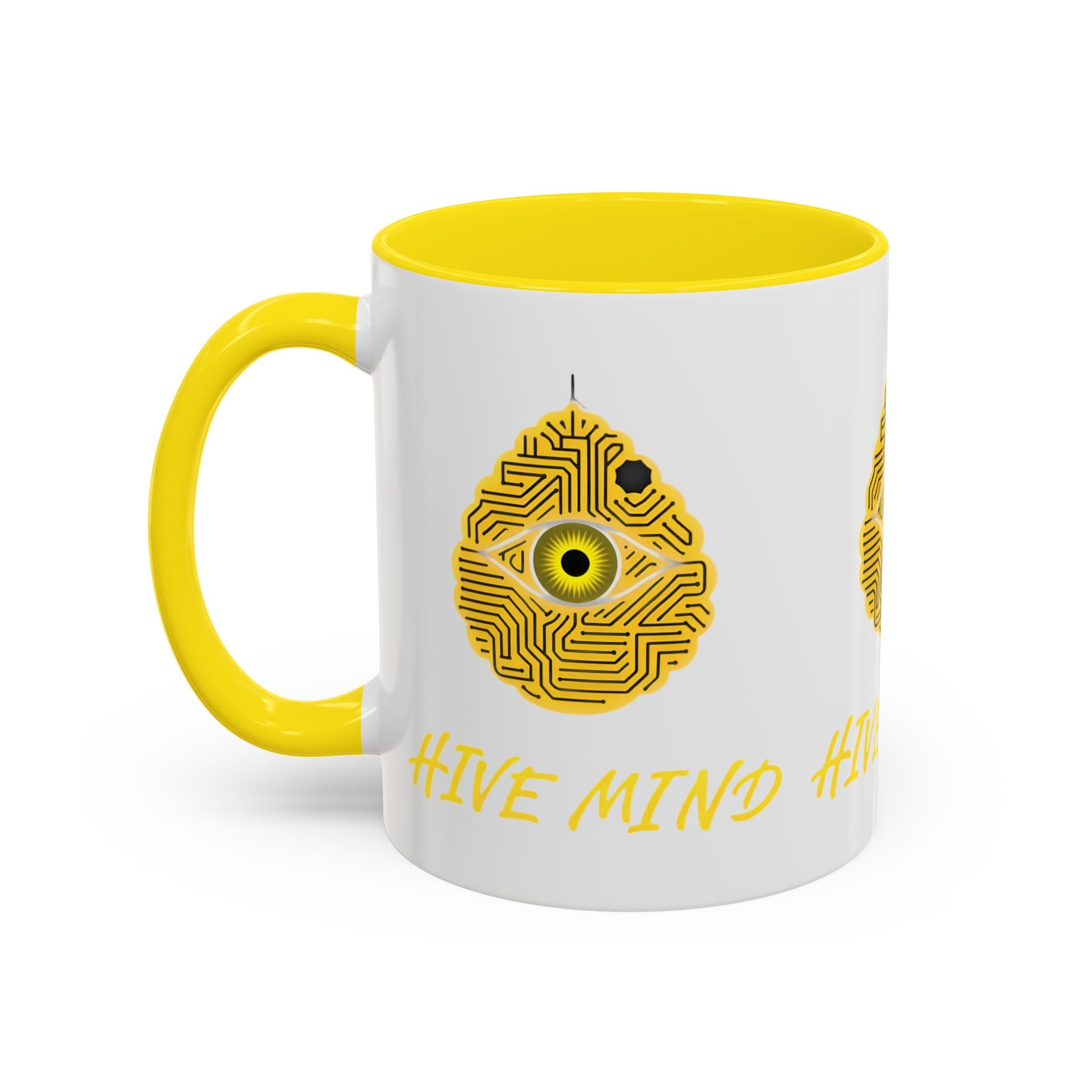 Hive Mind Coffee Mug — Yellow Circuit Bee Eye Accent Mug (11/15oz)