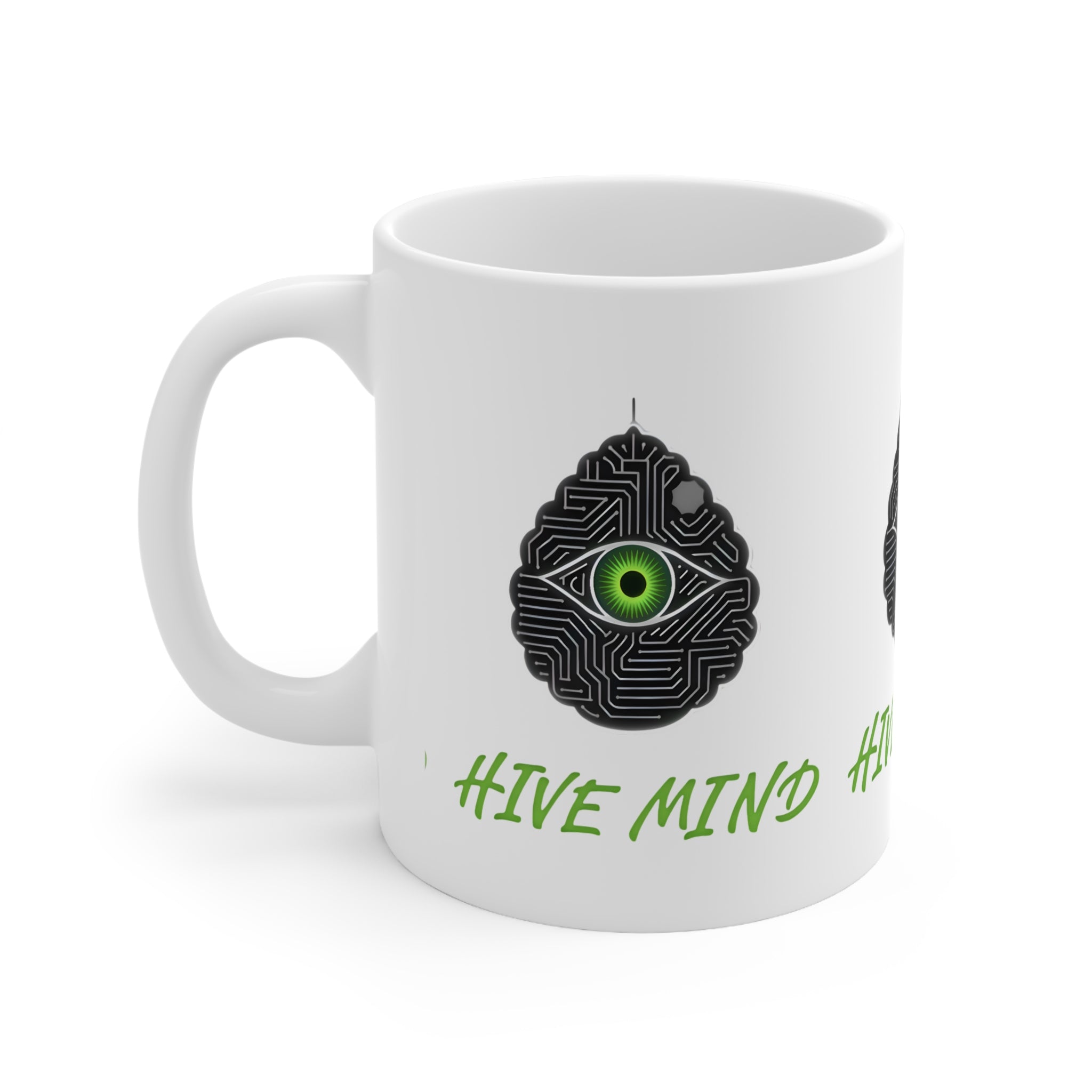 Mind Hive Ceramic Coffee Mug — Green Eye Brain Tech Design (11oz, 15oz)