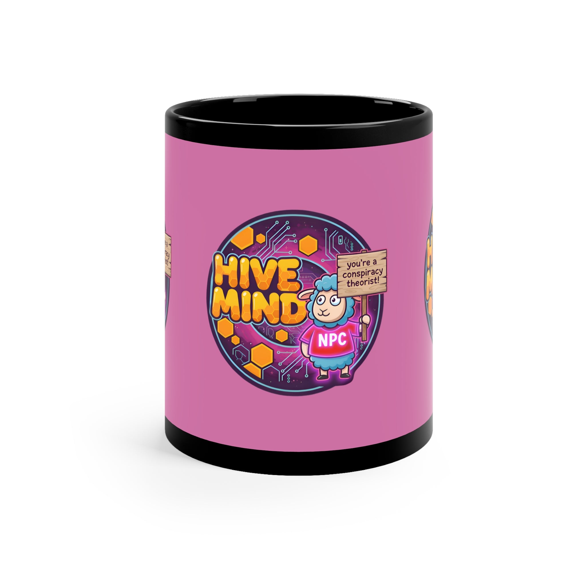 Hive Mind Coffee Mug — NPC Cartoon Design (11oz Black Ceramic)
