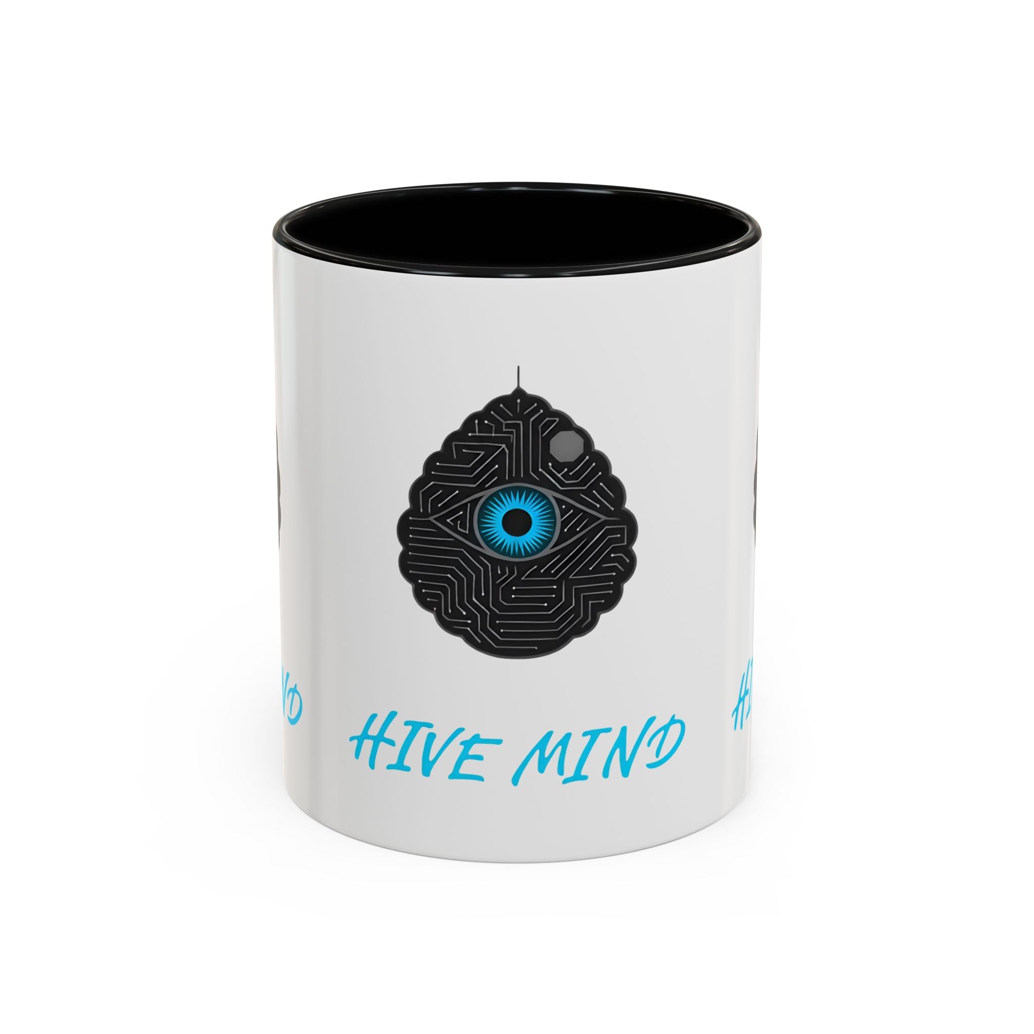 Hive Mind Coffee Mug — Black Accent Ceramic Mug with Tech Eye Design (11/15oz)