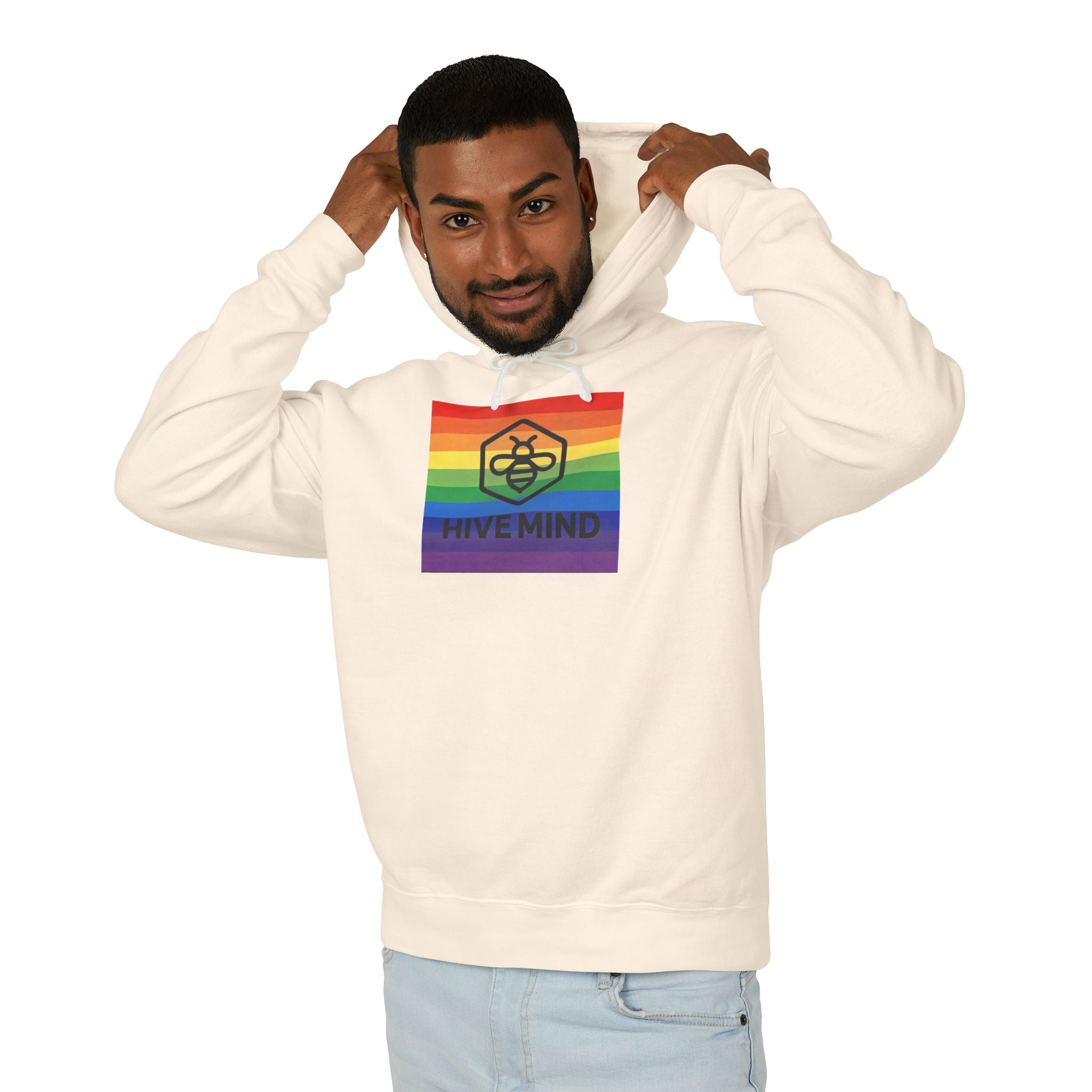 Hive Mind Rainbow Hoodie — LGBTQ+ Pride Bee Logo Lightweight Sweatshirt