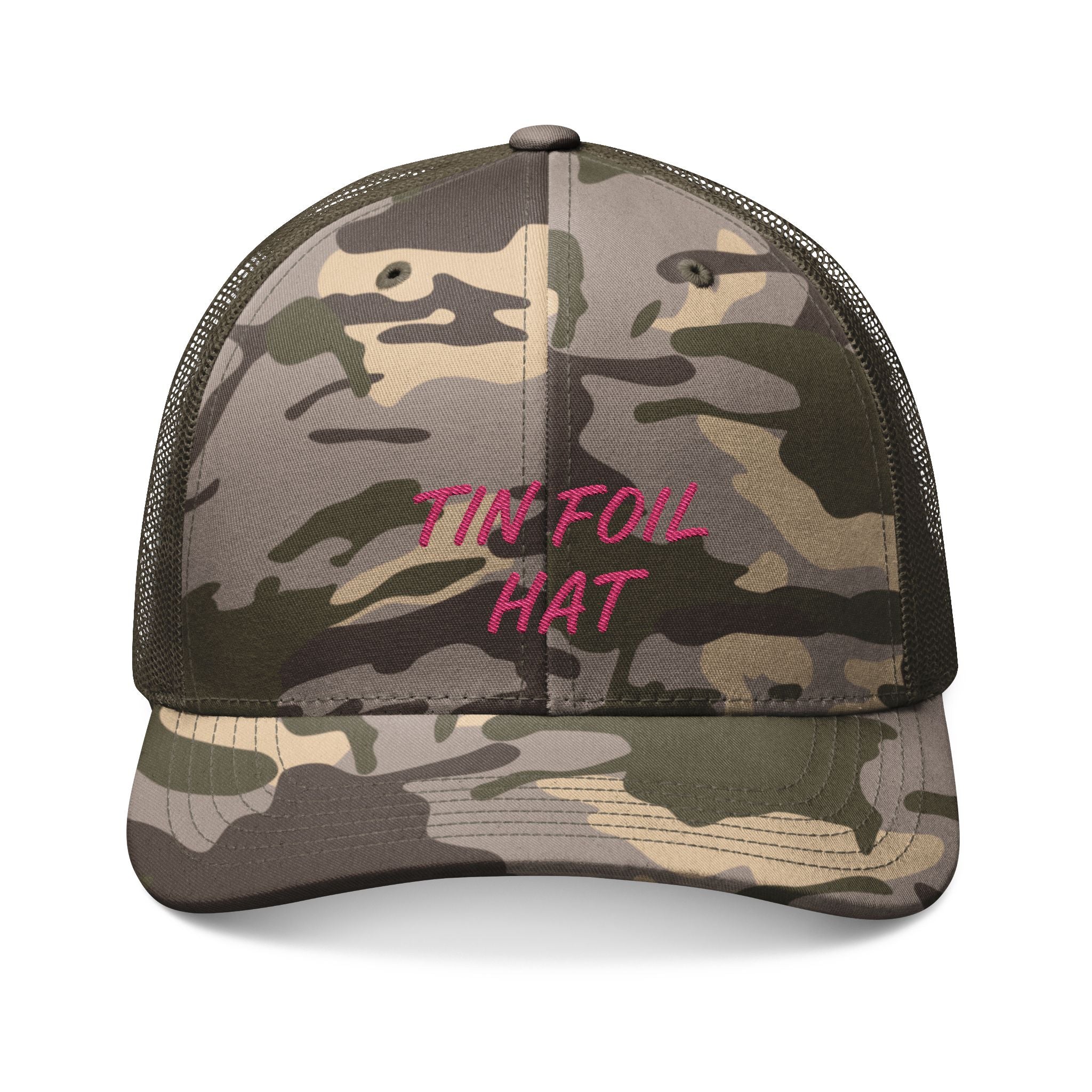 Camo Trucker Hat — Pink "Tin Foil Hat" Embroidered Cap