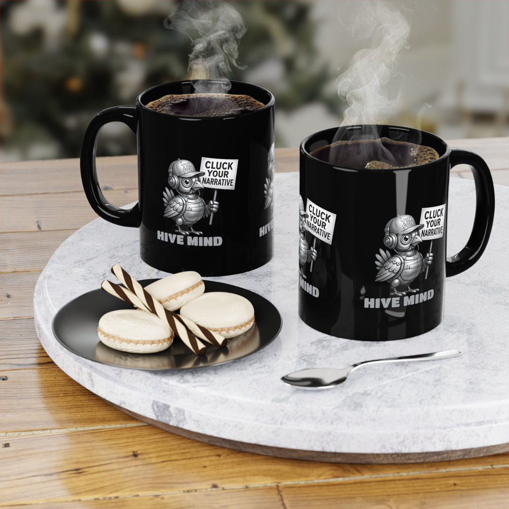 Hive Mind Coffee Mug — Black 11oz “Cluck Your Narrative” Novelty Ceramic Mug