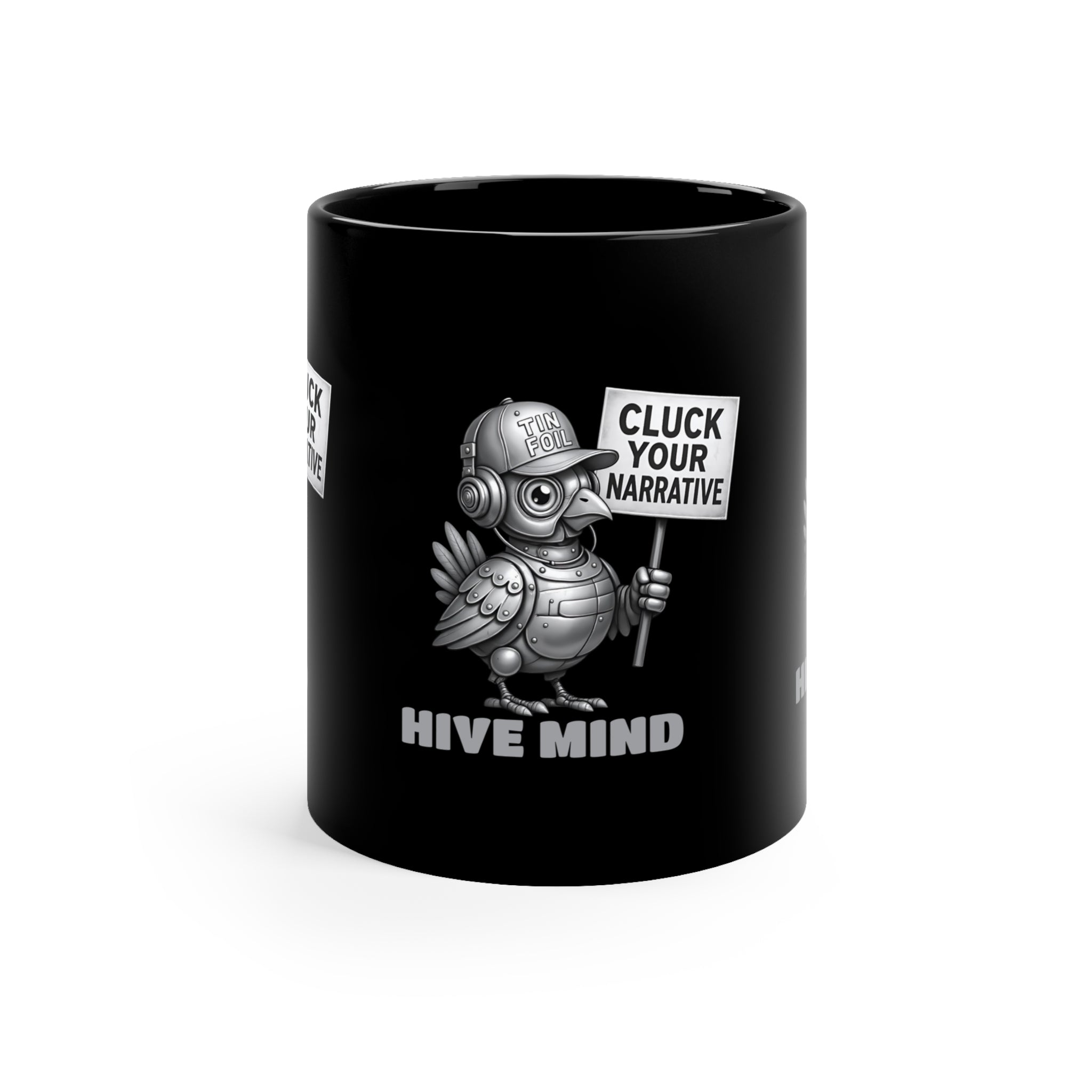 Hive Mind Coffee Mug — Black 11oz “Cluck Your Narrative” Novelty Ceramic Mug