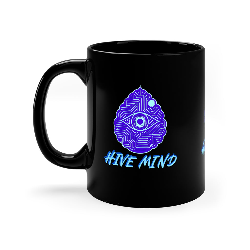 Hive Mind Black Coffee Mug — 11oz Neon Cyber Brain Design