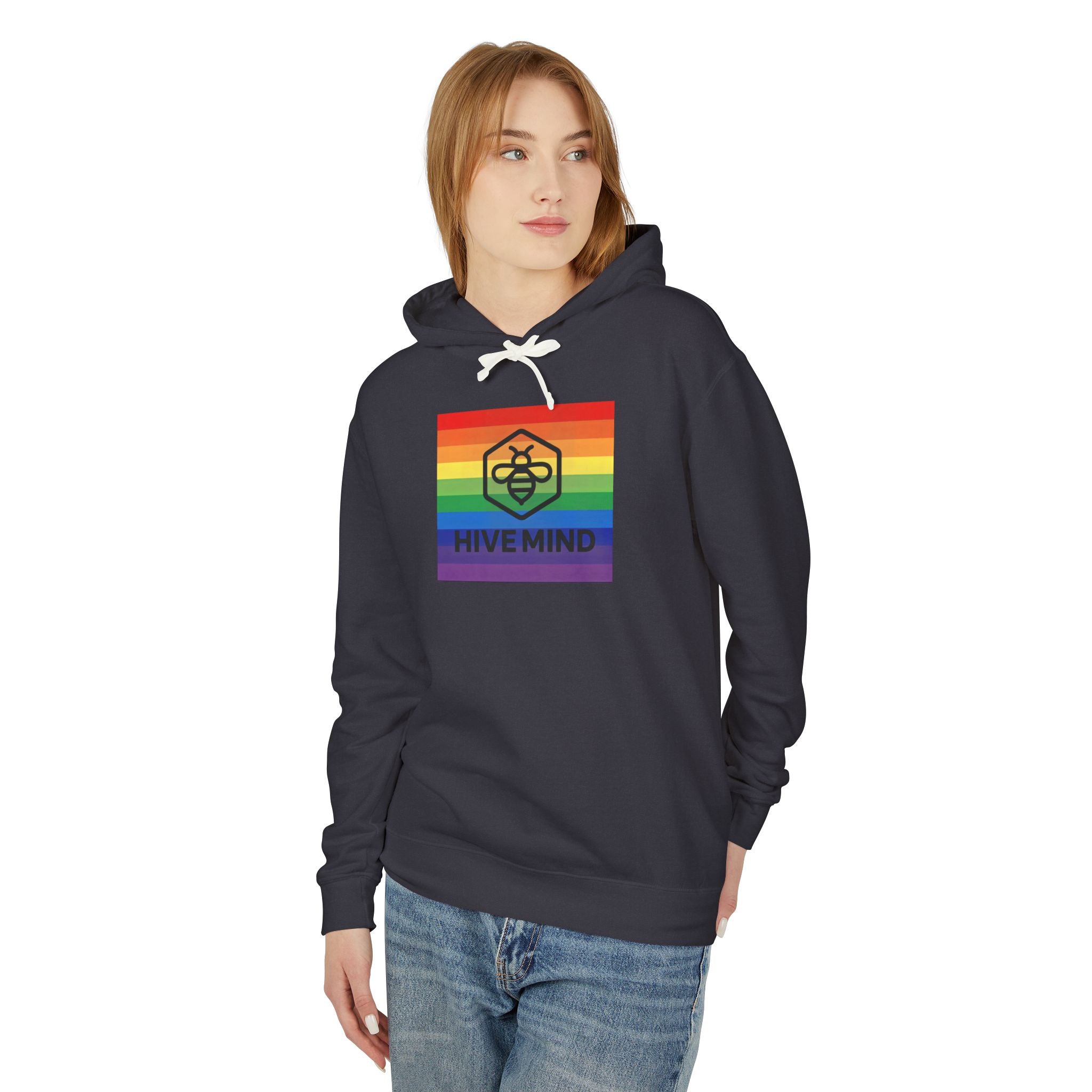 Hive Mind Rainbow Hoodie — LGBTQ+ Pride Bee Logo Lightweight Sweatshirt