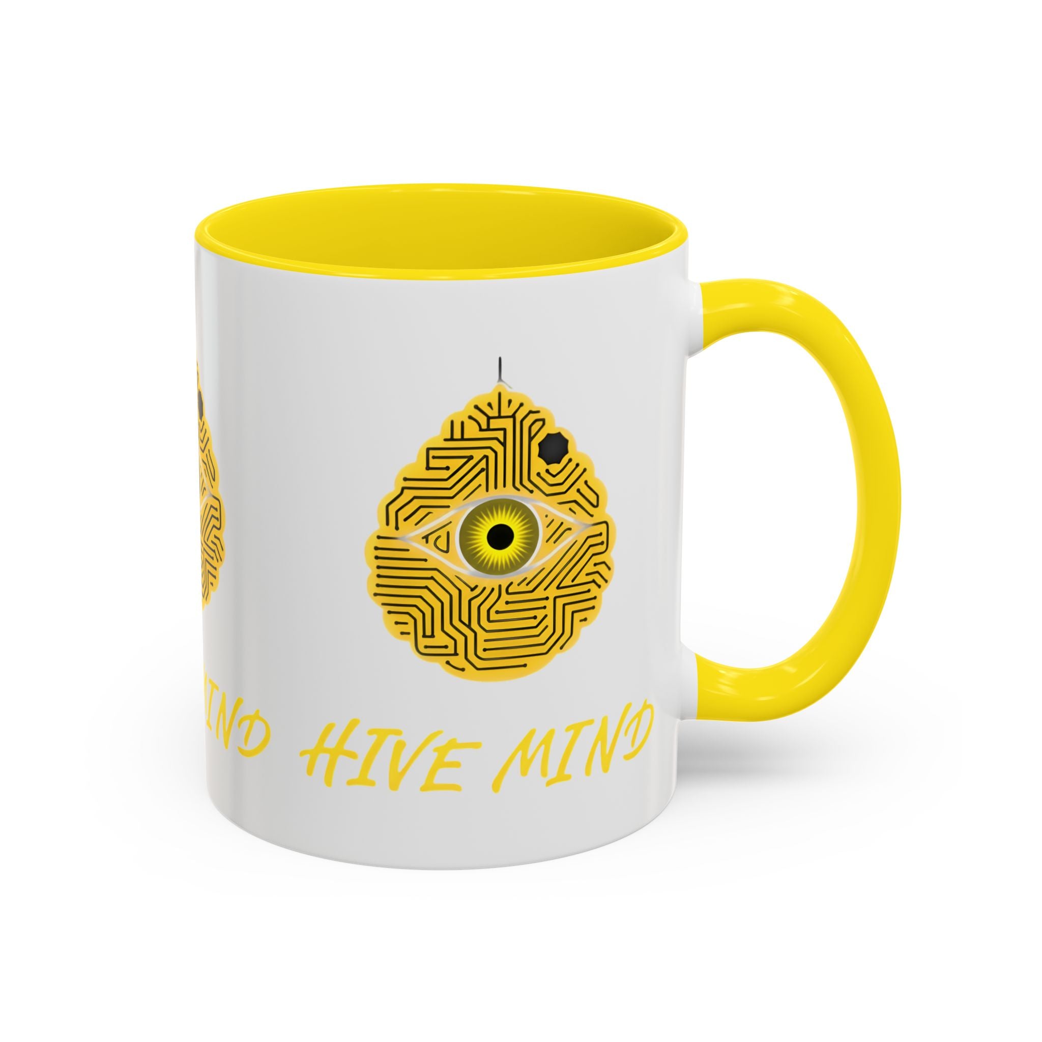Hive Mind Coffee Mug — Yellow Circuit Bee Eye Accent Mug (11/15oz)