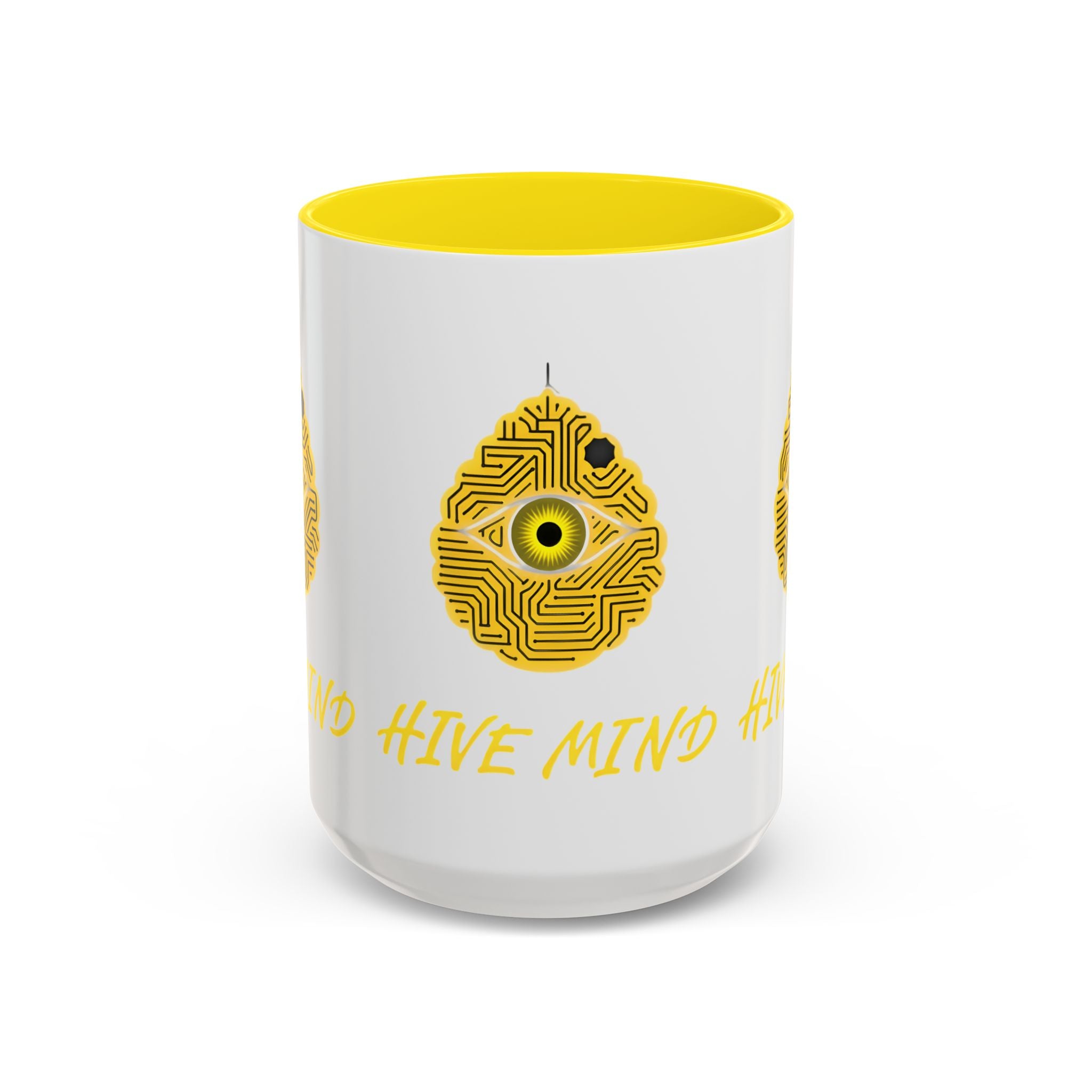 Hive Mind Coffee Mug — Yellow Circuit Bee Eye Accent Mug (11/15oz)