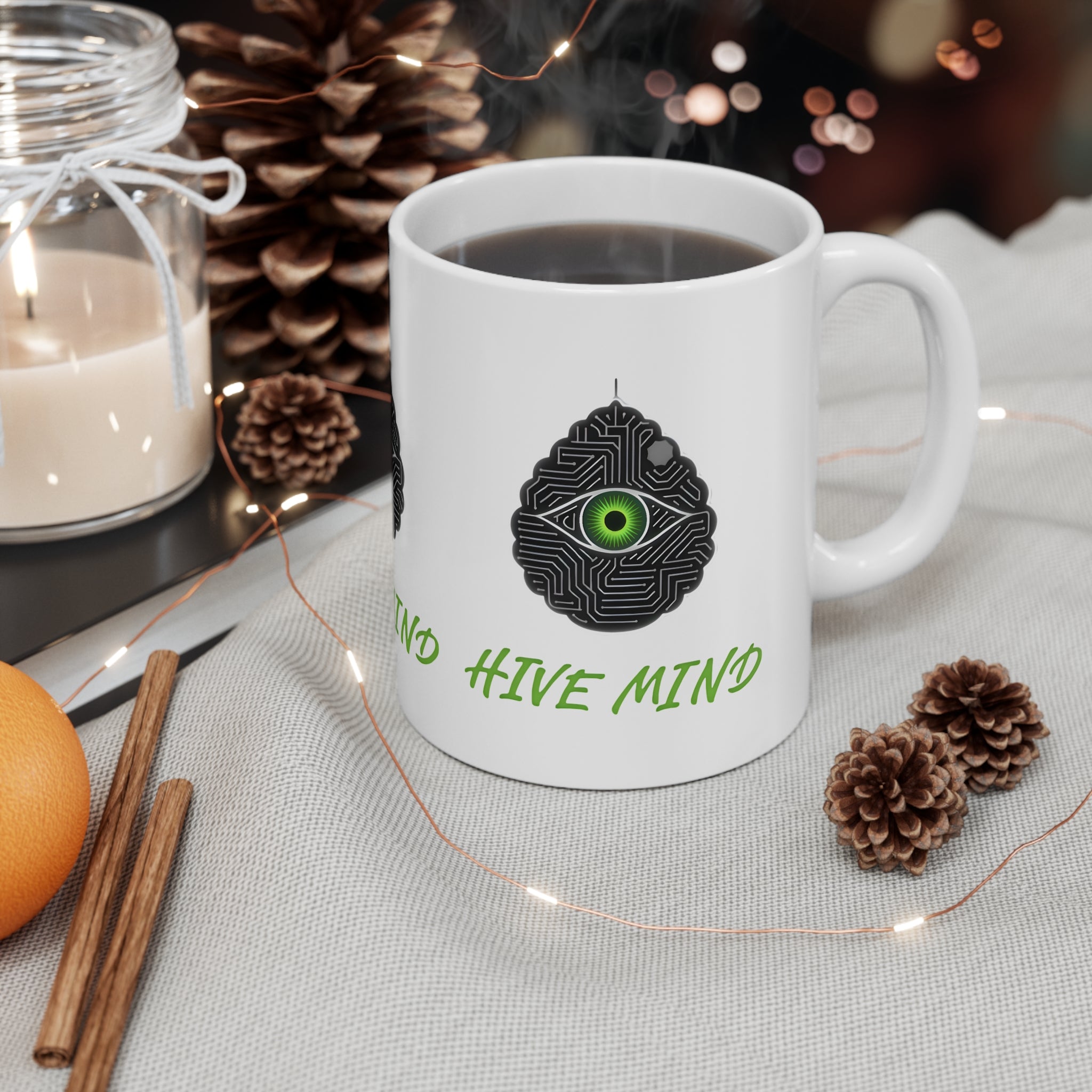 Mind Hive Ceramic Coffee Mug — Green Eye Brain Tech Design (11oz, 15oz)