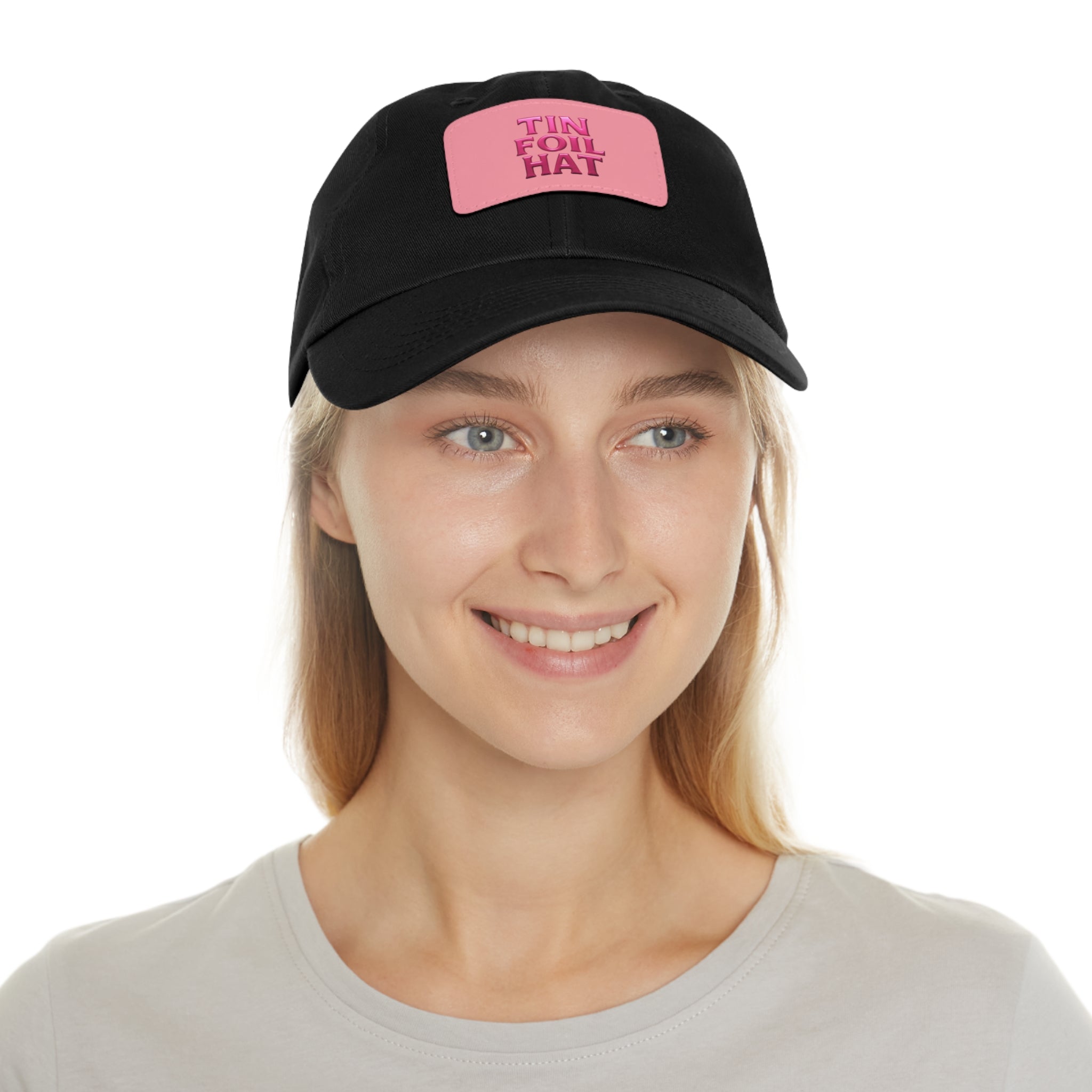 Dad Hat — Pink Leather Patch “TIN FOIL HAT” Embroidered Cap