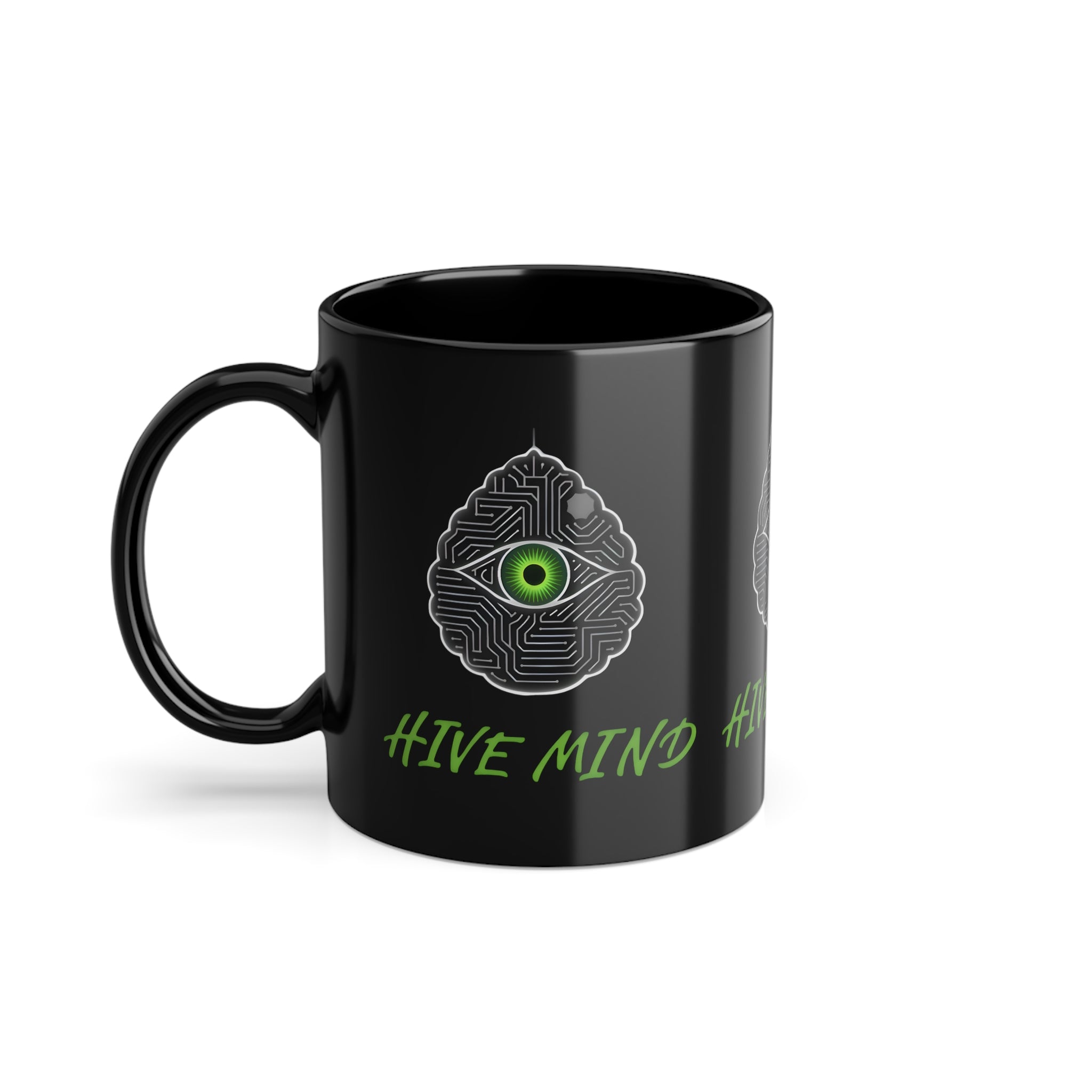Coffee Mug — 'Hive Mind' Black 11oz Ceramic Mug with Green Eye Brain Design