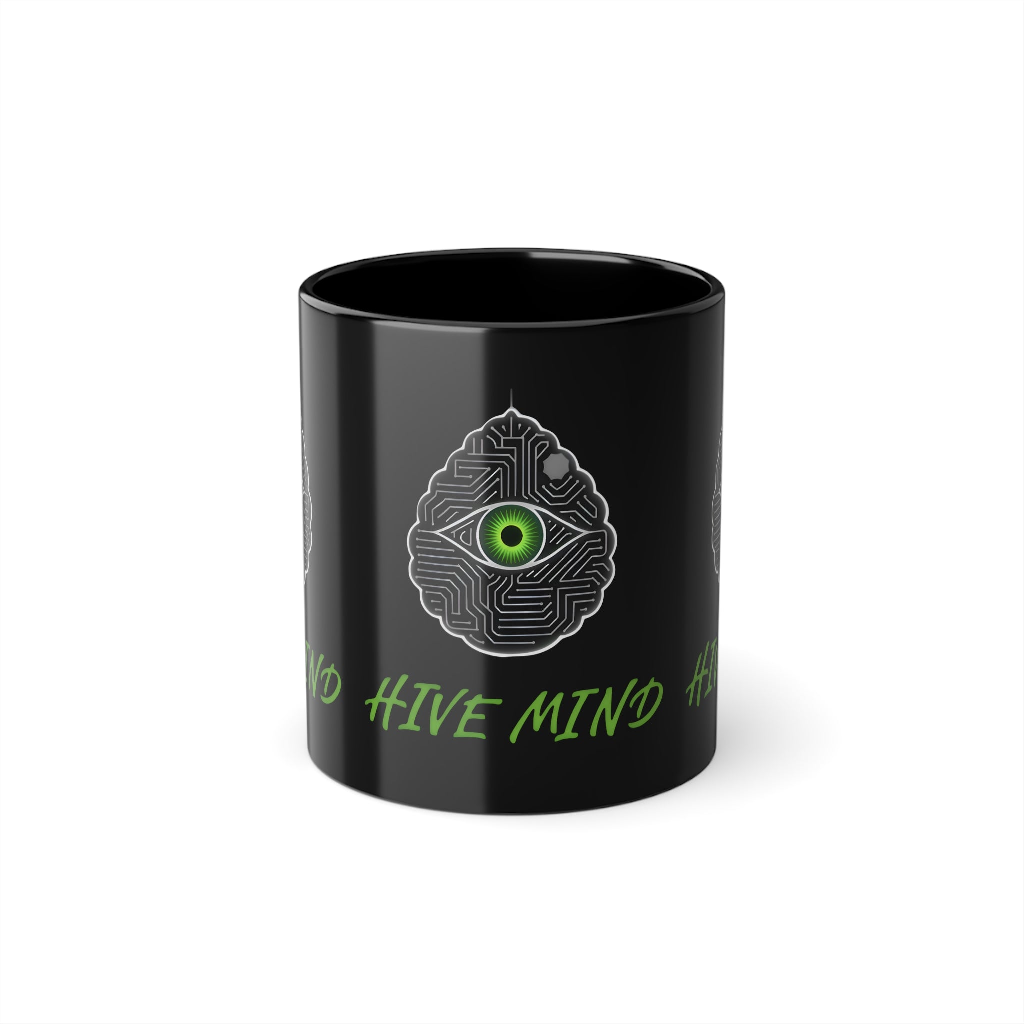 Coffee Mug — 'Hive Mind' Black 11oz Ceramic Mug with Green Eye Brain Design
