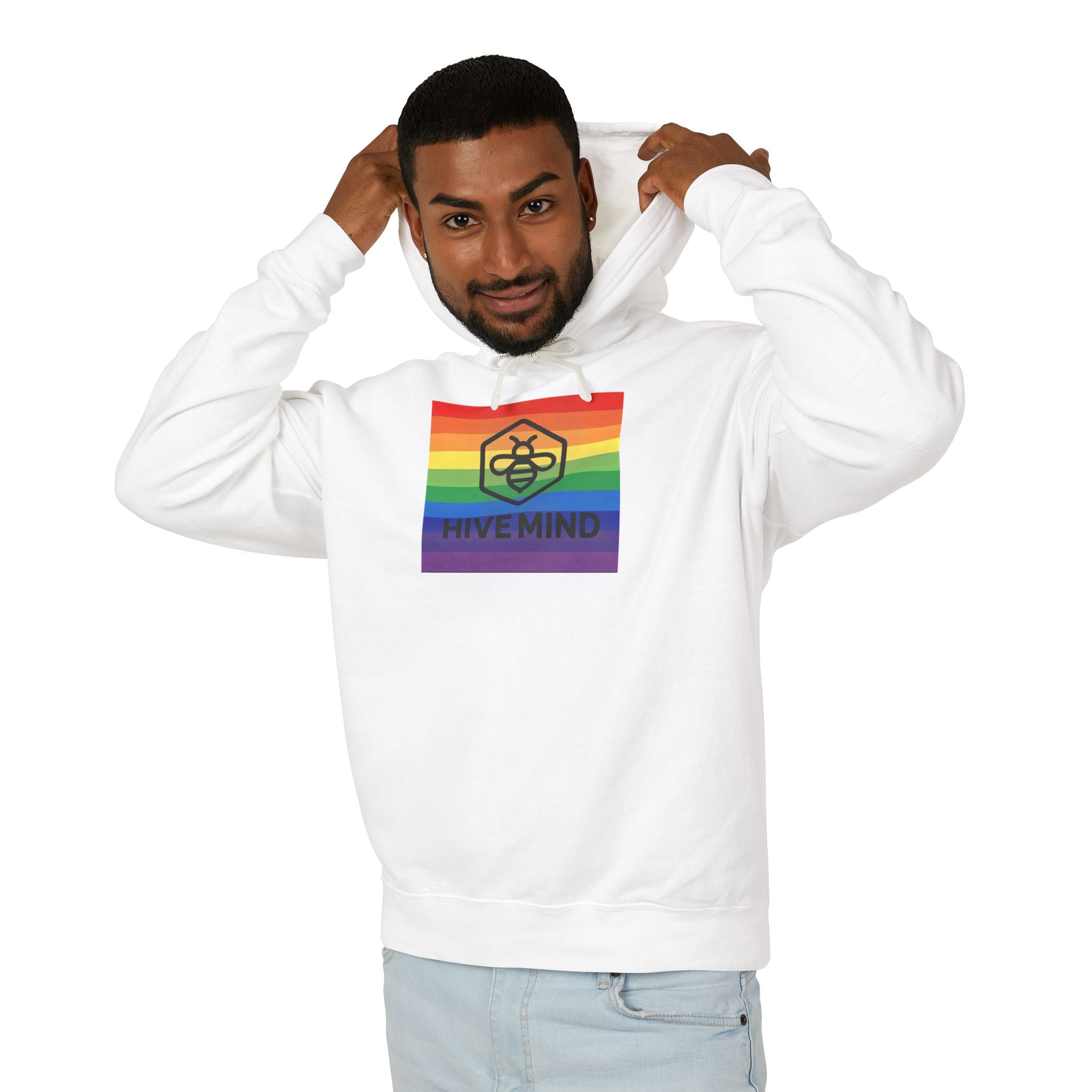 Hive Mind Rainbow Hoodie — LGBTQ+ Pride Bee Logo Lightweight Sweatshirt