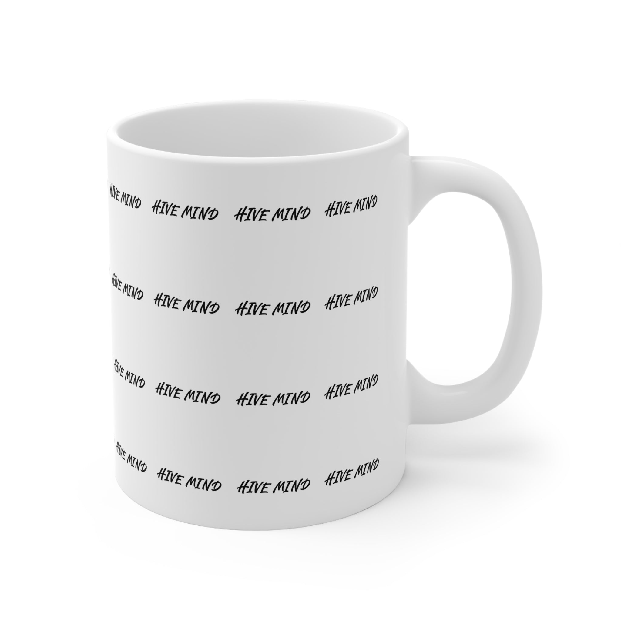 Ceramic Mug — Repeat “HIVE MIND” Pattern Coffee Cup (11oz & 15oz)