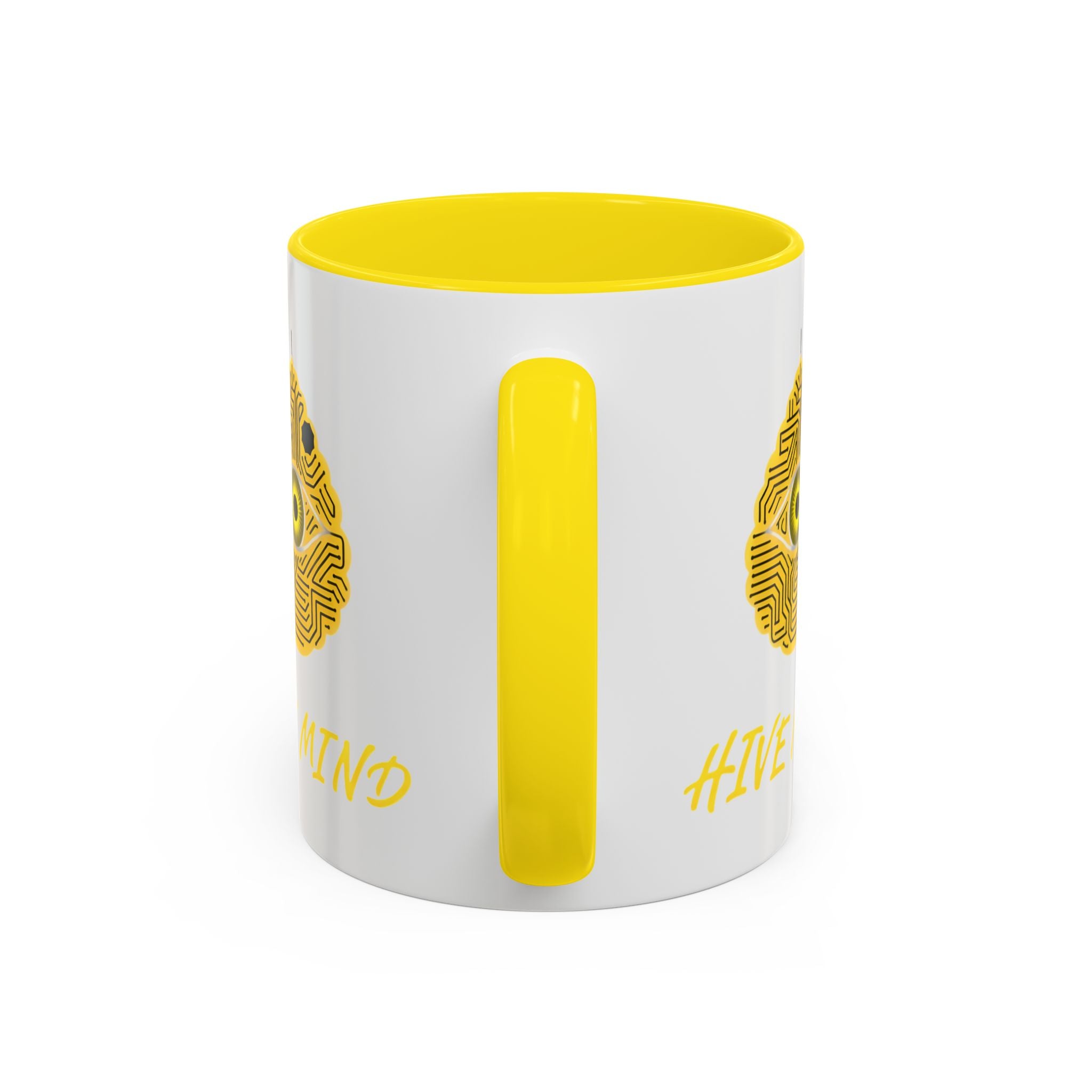 Hive Mind Coffee Mug — Yellow Circuit Bee Eye Accent Mug (11/15oz)