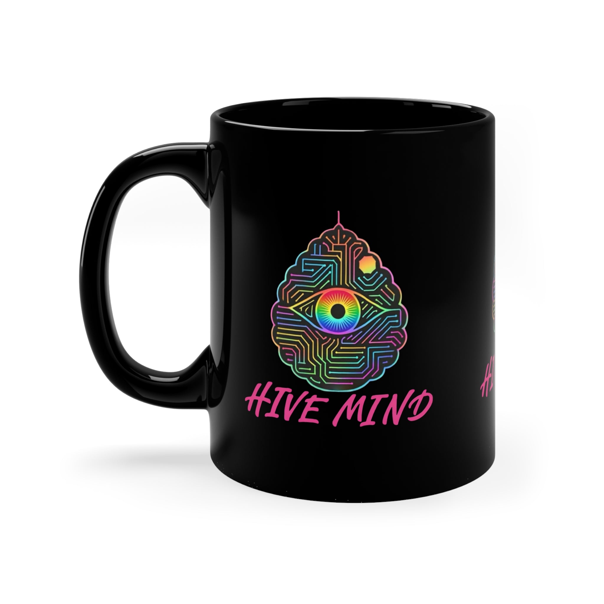 Hive Mind Coffee Mug — 11oz Black Ceramic Mug with Psychedelic Brain & Eye Design