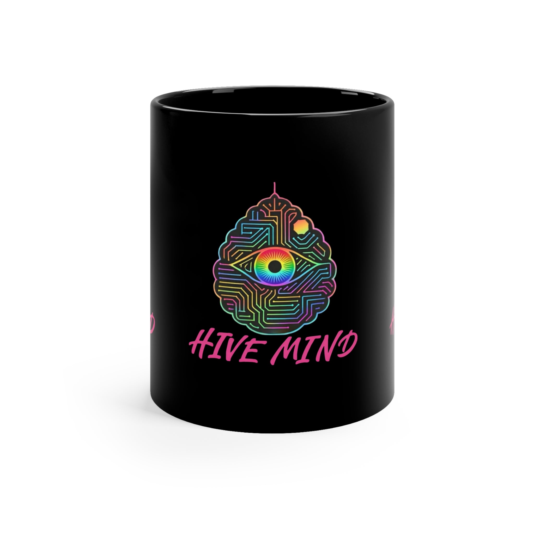 Hive Mind Coffee Mug — 11oz Black Ceramic Mug with Psychedelic Brain & Eye Design