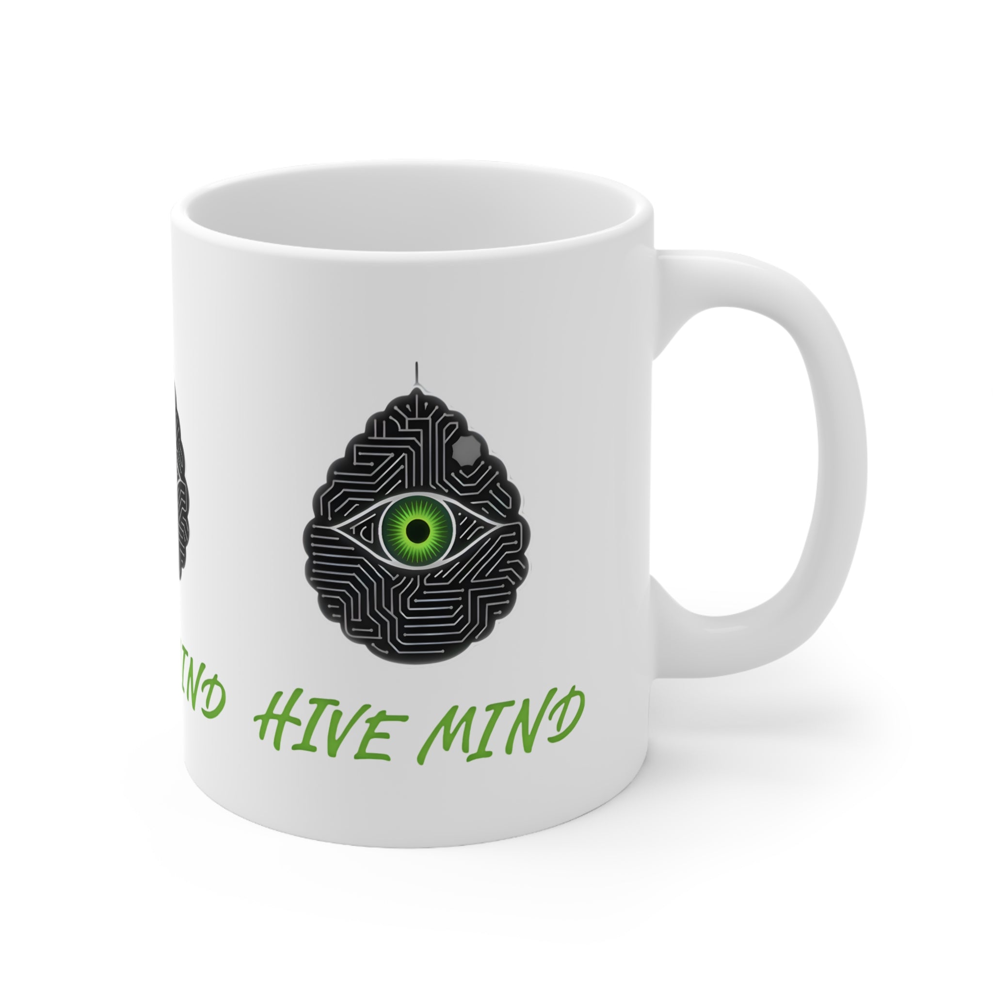 Mind Hive Ceramic Coffee Mug — Green Eye Brain Tech Design (11oz, 15oz)