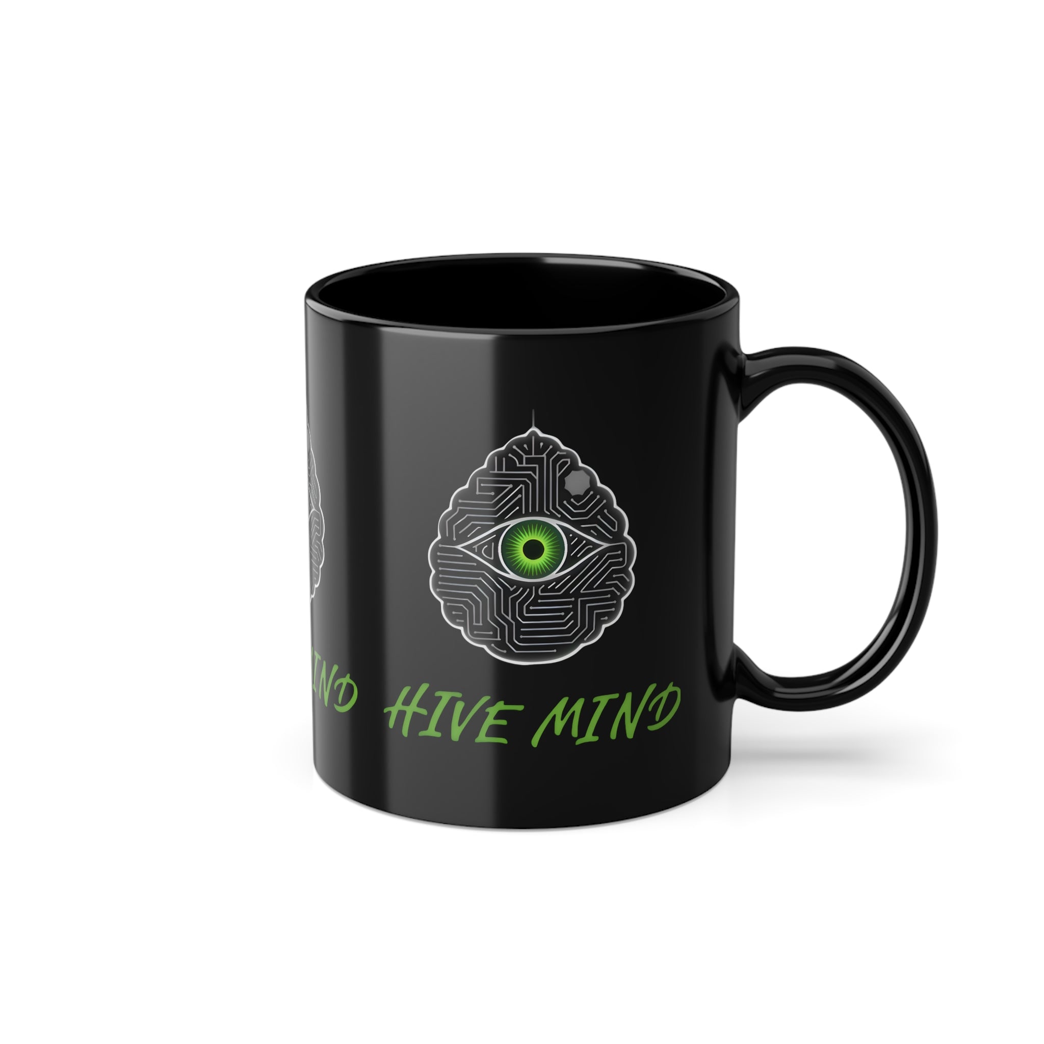 Coffee Mug — 'Hive Mind' Black 11oz Ceramic Mug with Green Eye Brain Design